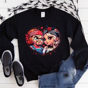Chucky & Tiffany Heart Graphic Gildan 18000 Sweatshirt – Halloween Horror Couple